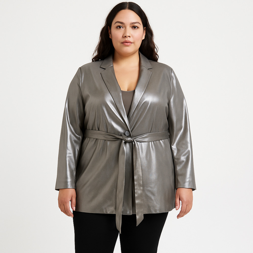 Anthro Maeve Zada Metallic Blazer 12 Gray Longline Belted Lightweight Jacket